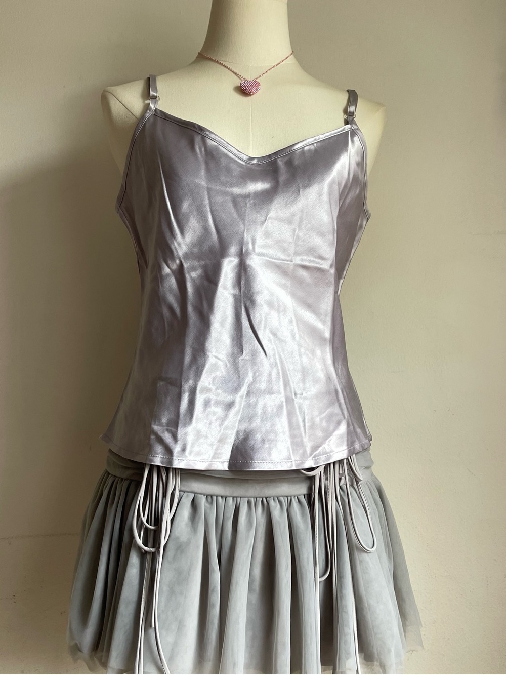 Satin Spaghetti Strap Camisole Tank Top - Silver